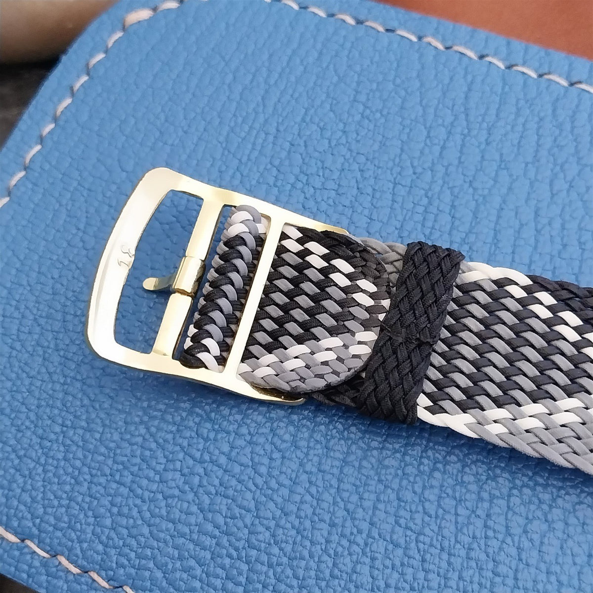 Vintage 18mm Braided Perlon Black White & Grey Argyle Single Pass 60s Watch Band