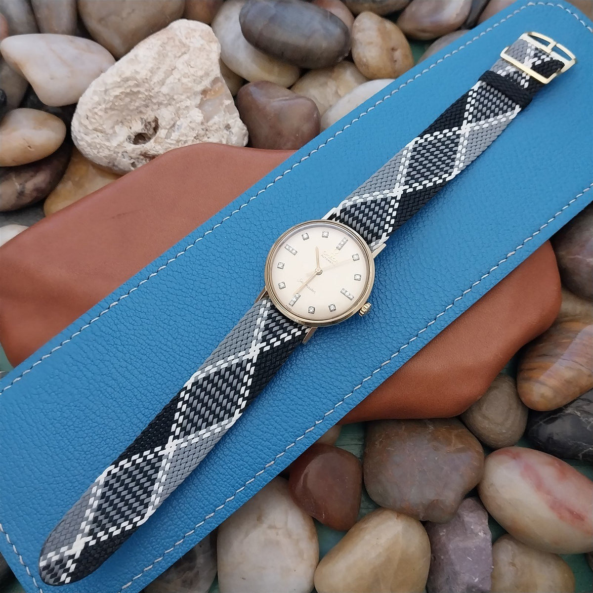 Vintage 18mm Braided Perlon Black White & Grey Argyle Single Pass 60s Watch Band