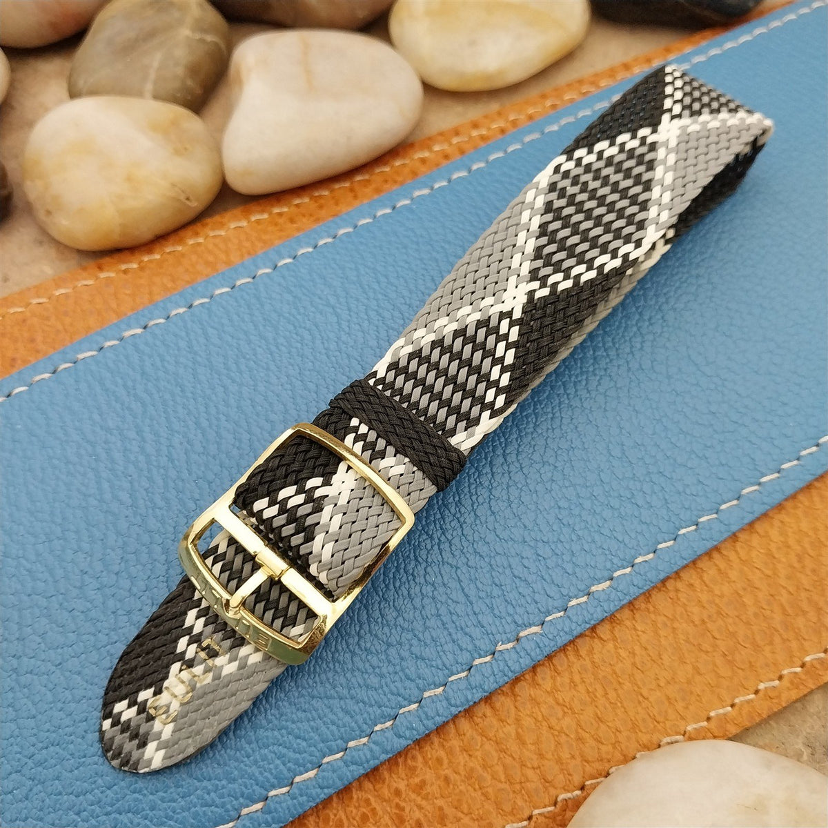 Vintage 18mm Braided Perlon Black White & Grey Argyle Single Pass 60s Watch Band