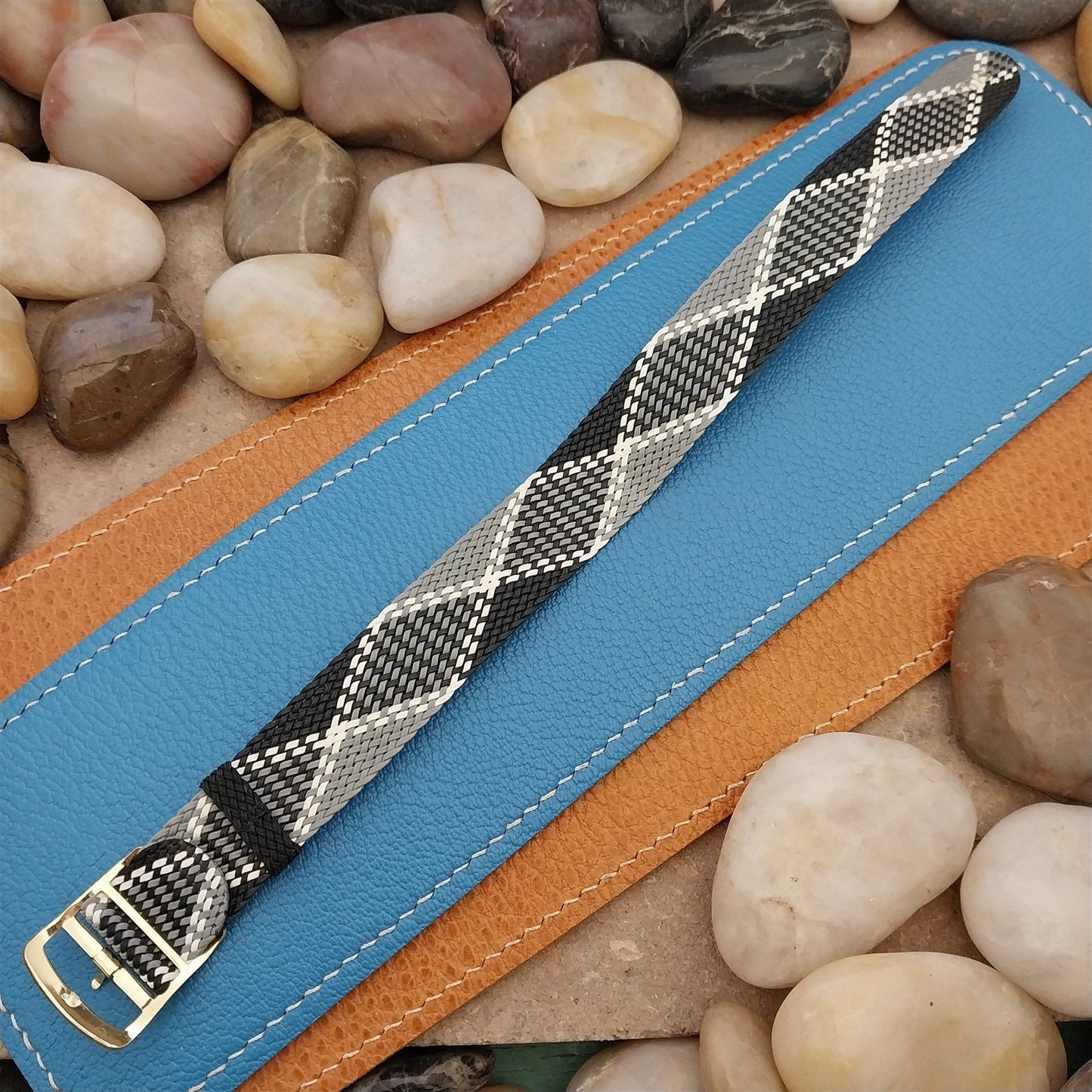 Vintage 18mm Braided Perlon Black White & Grey Argyle Single Pass 60s Watch Band