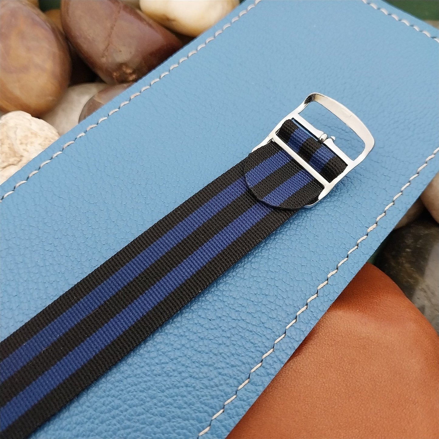 Vintage 18mm Perlon 1960s Black & Blue Stripe Unused Classic Field Watch Band