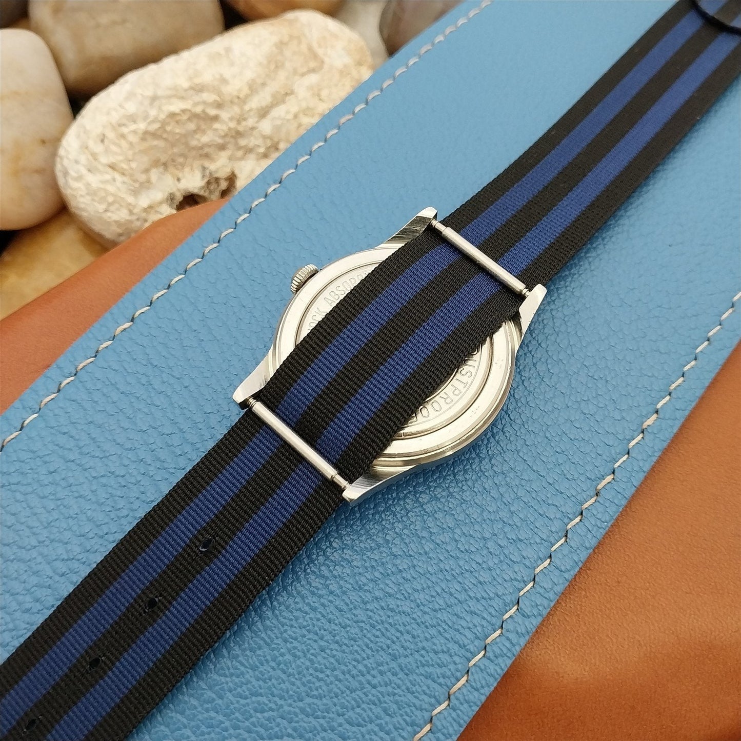 Vintage 18mm Perlon 1960s Black & Blue Stripe Unused Classic Field Watch Band