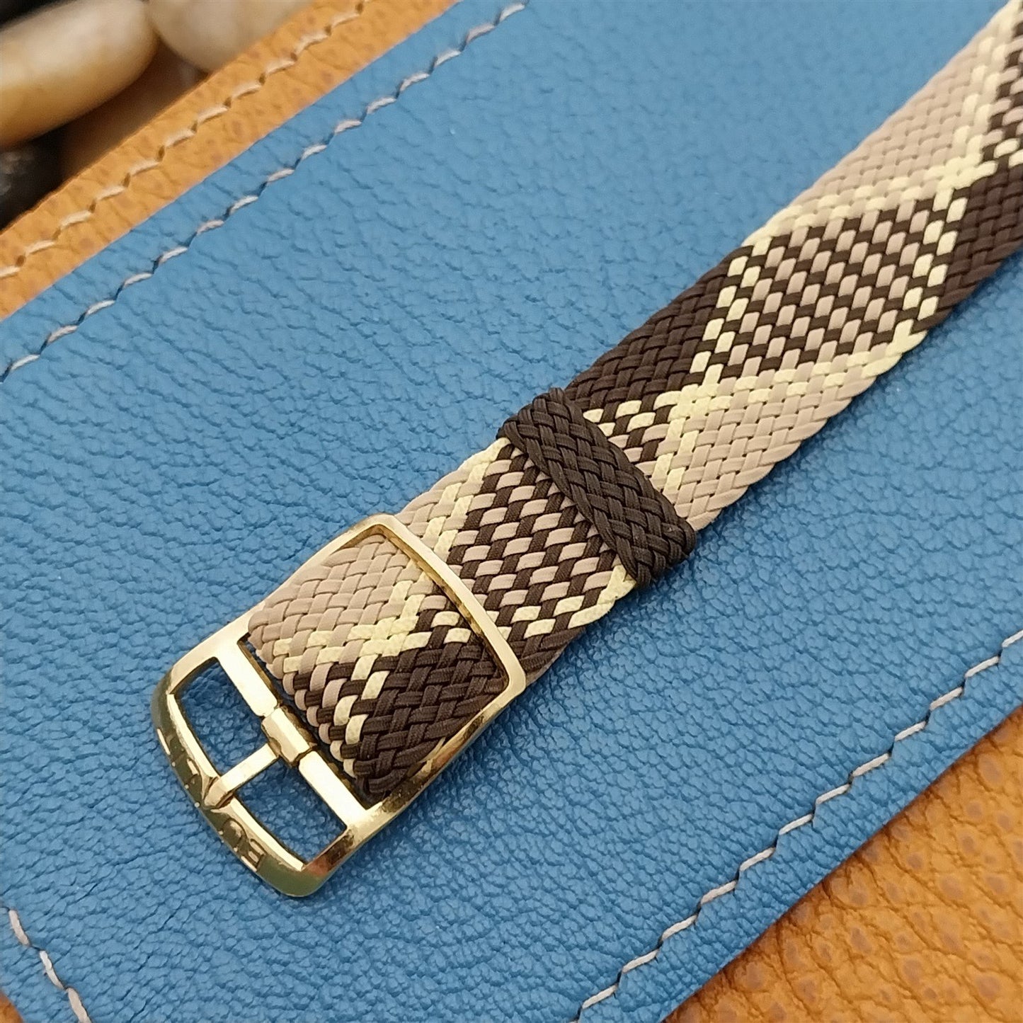 16mm Braided Perlon Brown & Tan Argyle Classic 1960s Vintage Watch Band Unused