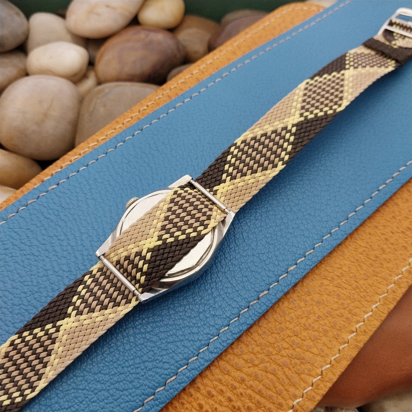 16mm Braided Perlon Brown & Tan Argyle Classic 1960s Vintage Watch Band Unused