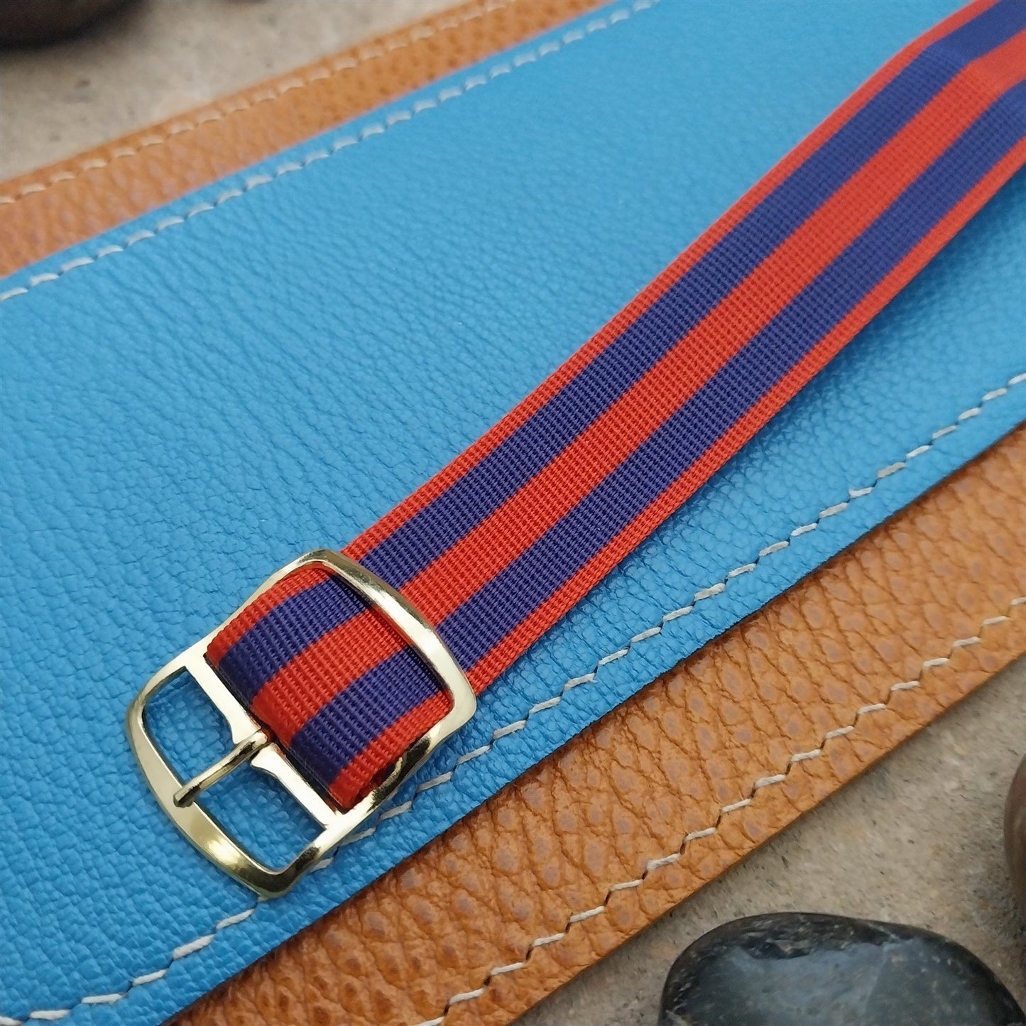 Vintage 18mm Striped Red Blue Perlon NOS Single Pass Classic 1960s Watch Strap