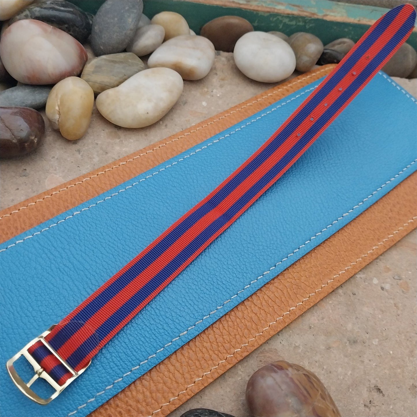 Vintage 18mm Striped Red Blue Perlon NOS Single Pass Classic 1960s Watch Strap