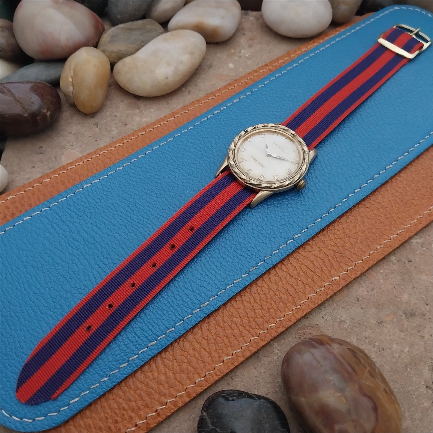 Vintage 18mm Striped Red Blue Perlon NOS Single Pass Classic 1960s Watch Strap