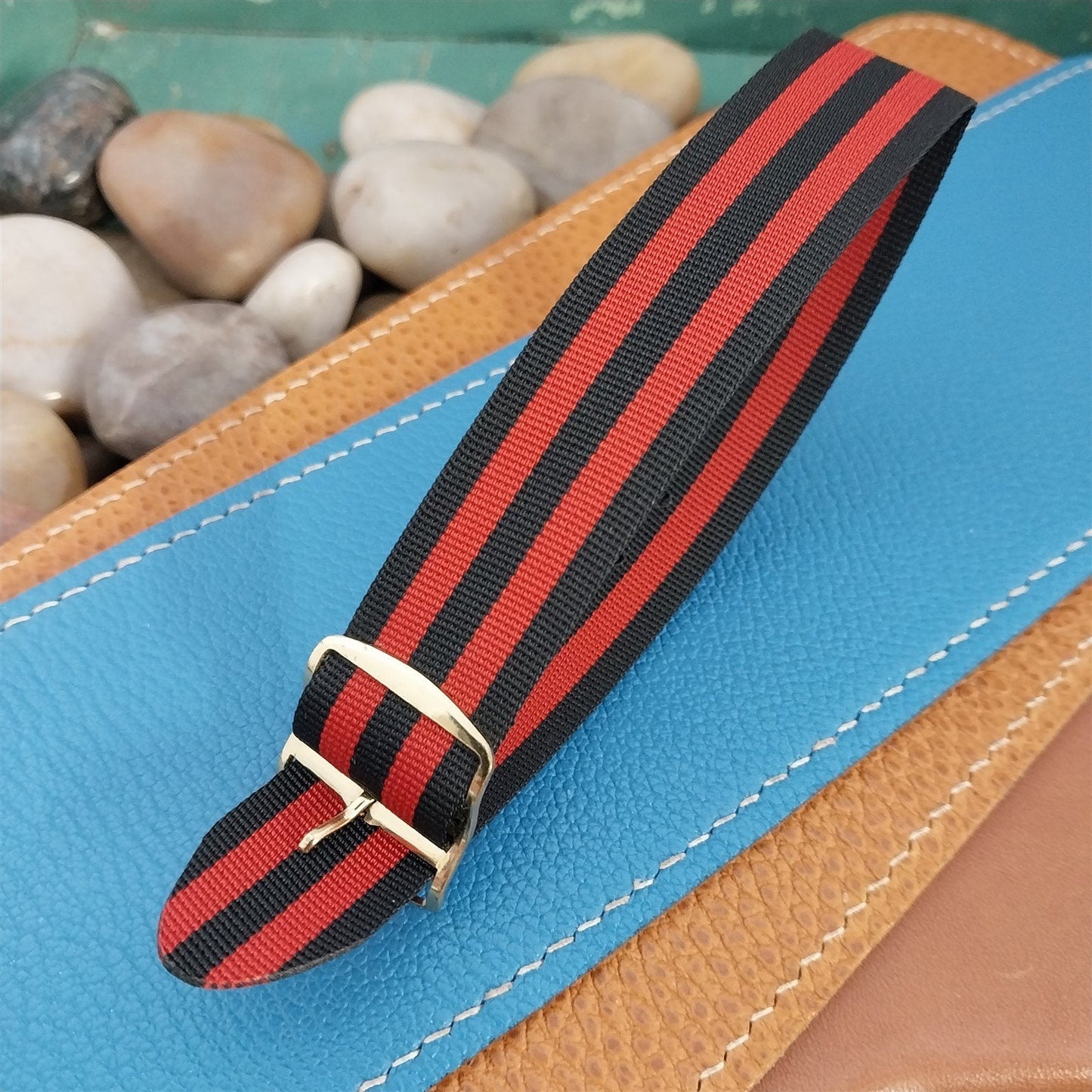 20mm Perlon Black & Red Striped Regimental 1960s nos Unused Vintage Watch Band