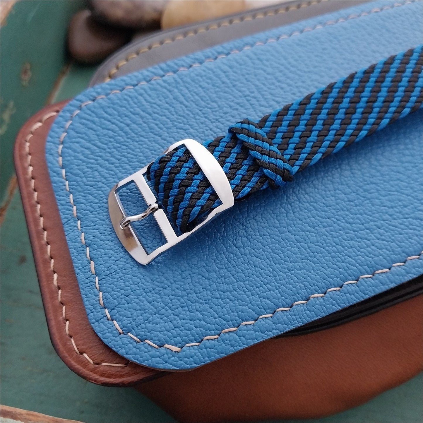 Vintage Braided Perlon 18mm Black & Blue Single Pass Unused 1960s Watch Band