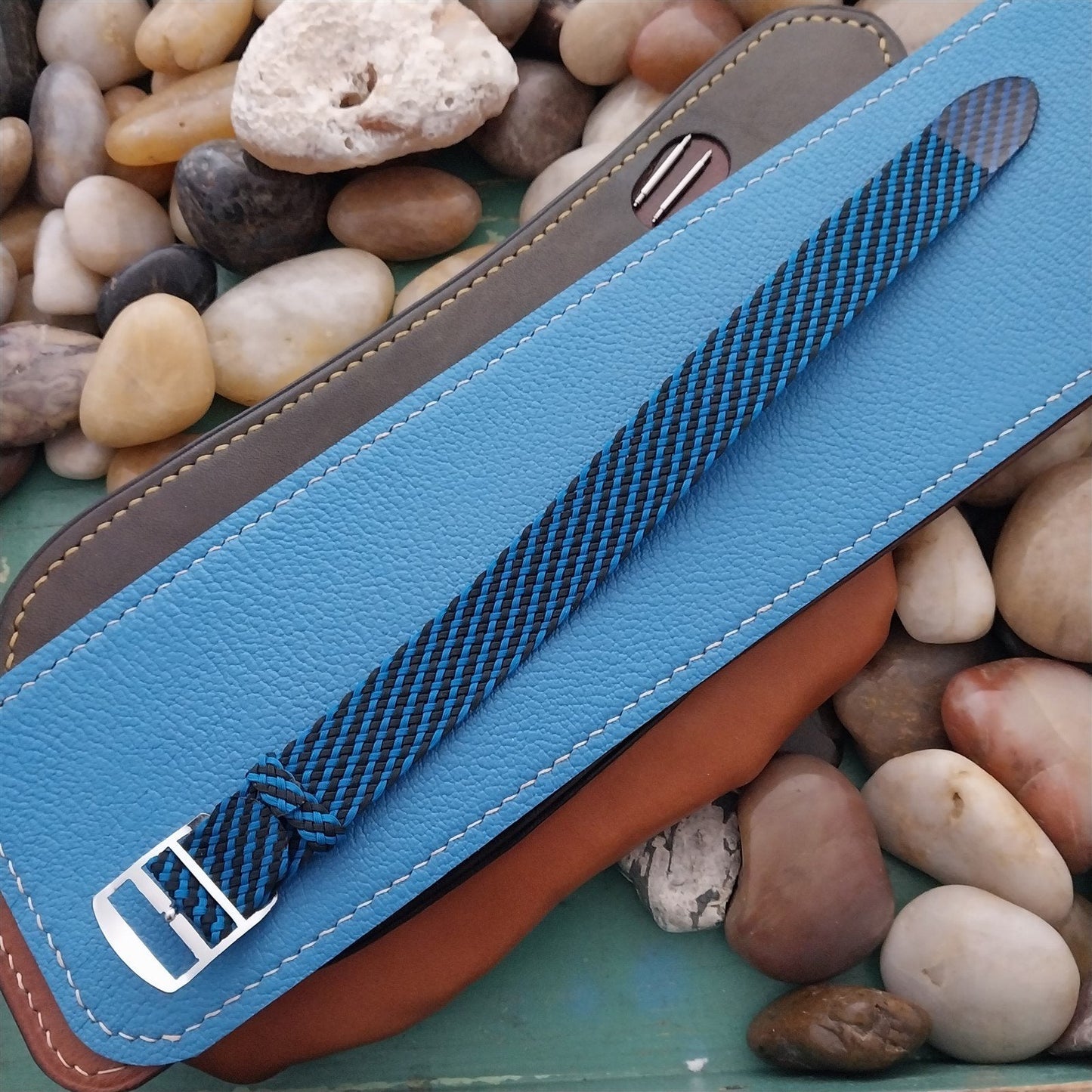 Vintage Braided Perlon 18mm Black & Blue Single Pass Unused 1960s Watch Band