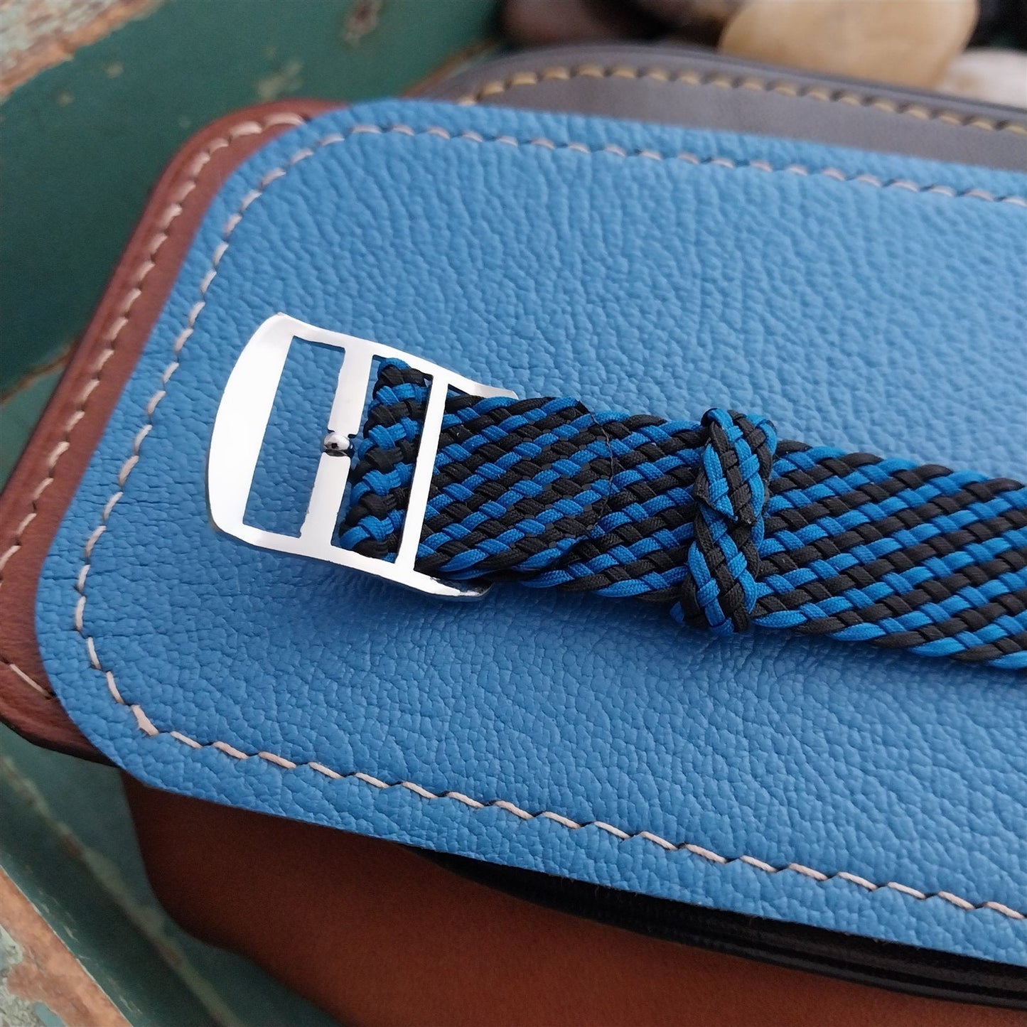 Vintage Braided Perlon 18mm Black & Blue Single Pass Unused 1960s Watch Band