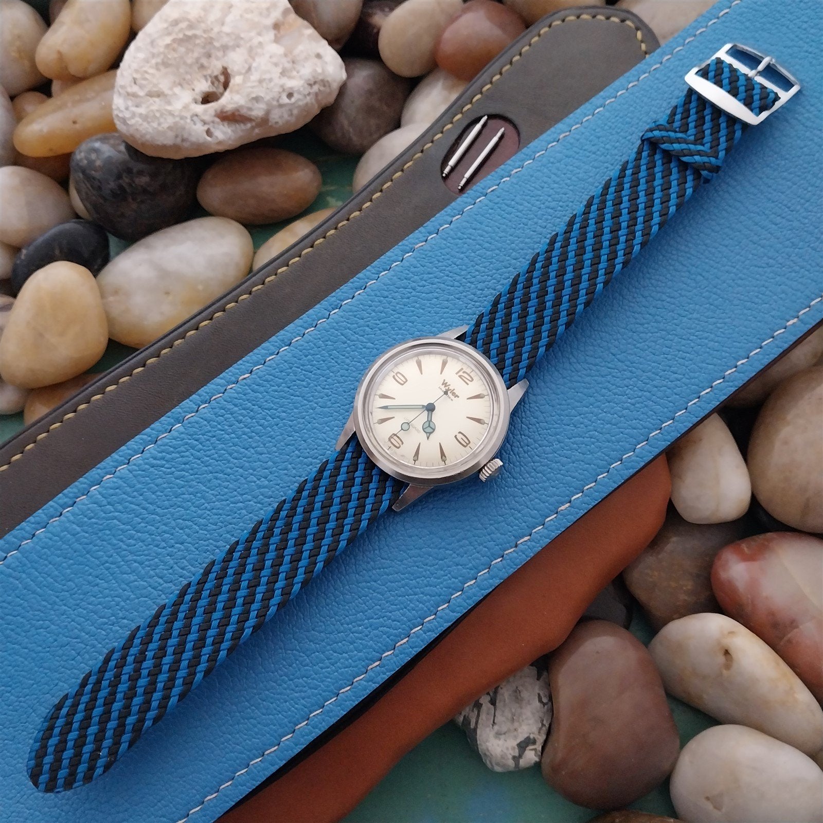 Vintage Braided Perlon 18mm Black & Blue Single Pass Unused 1960s Watch Band