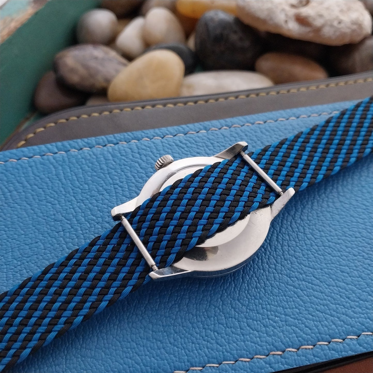 Vintage Braided Perlon 18mm Black & Blue Single Pass Unused 1960s Watch Band