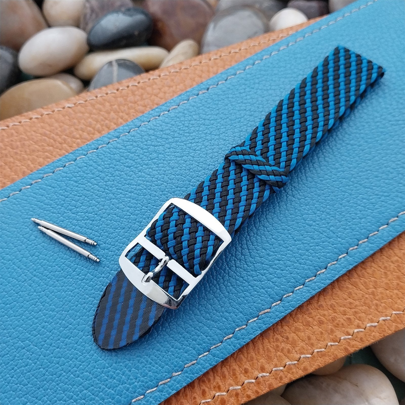 Vintage Braided Perlon 18mm Black & Blue Single Pass Unused 1960s Watch Band