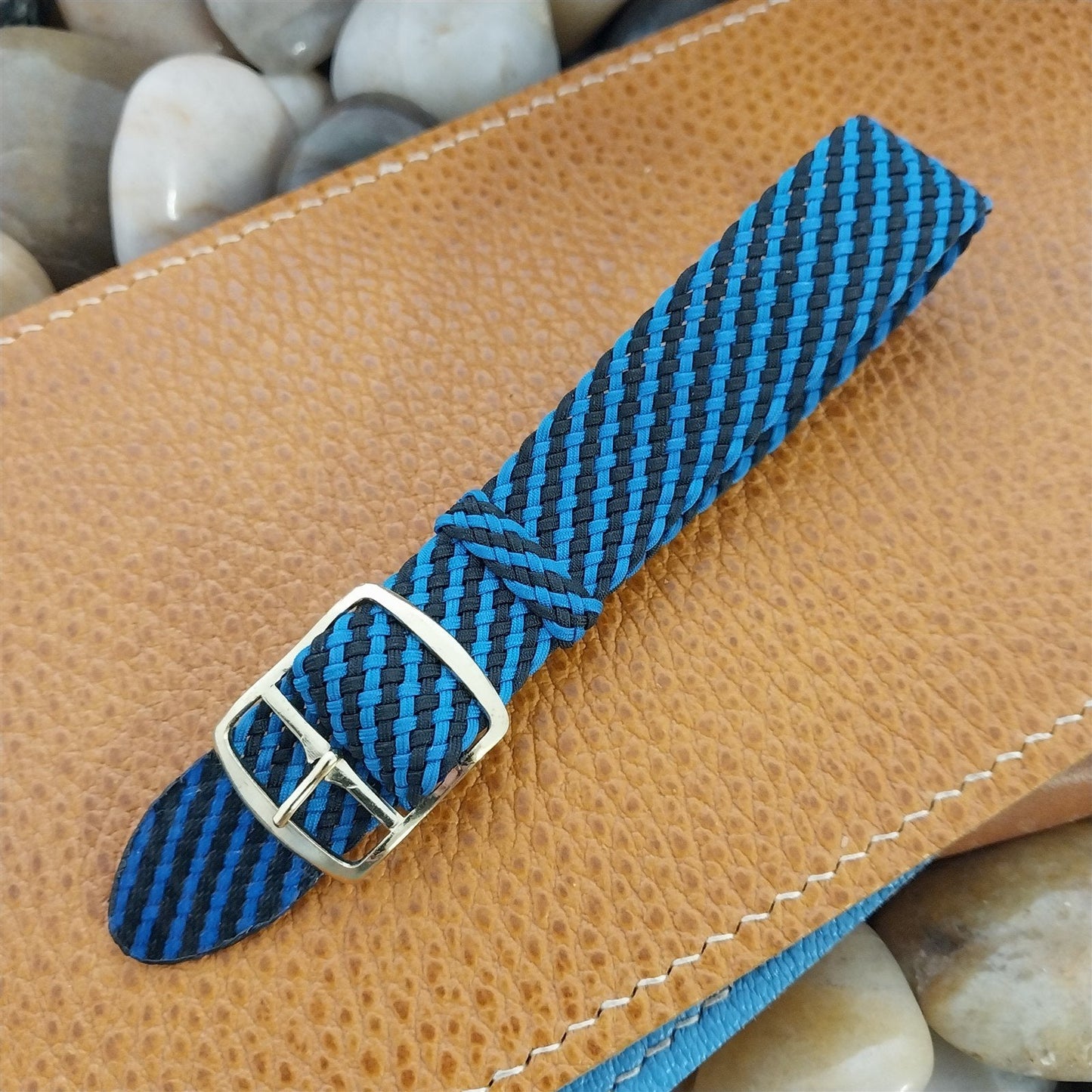 Vintage Braided Perlon 11/16" Black & Blue Single Pass Unused 1960s Watch Band