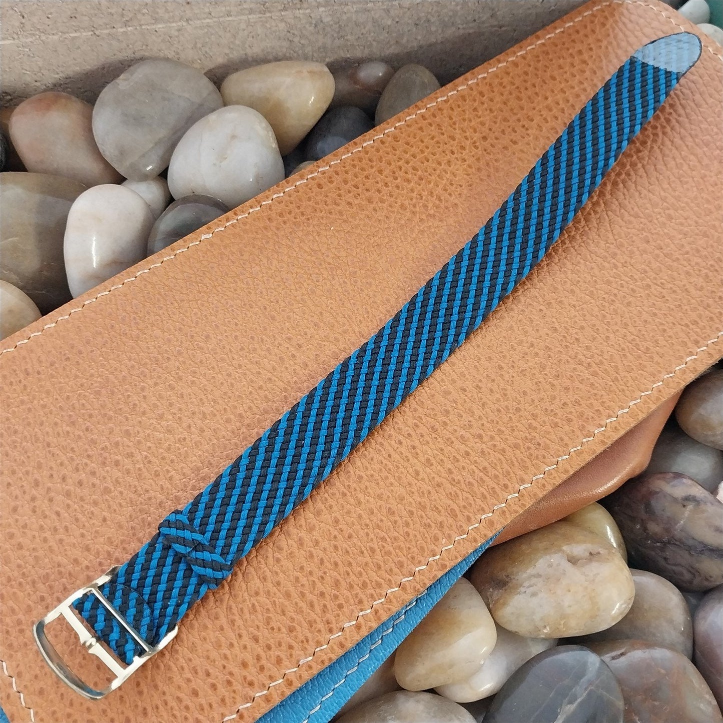 Vintage Braided Perlon 11/16" Black & Blue Single Pass Unused 1960s Watch Band