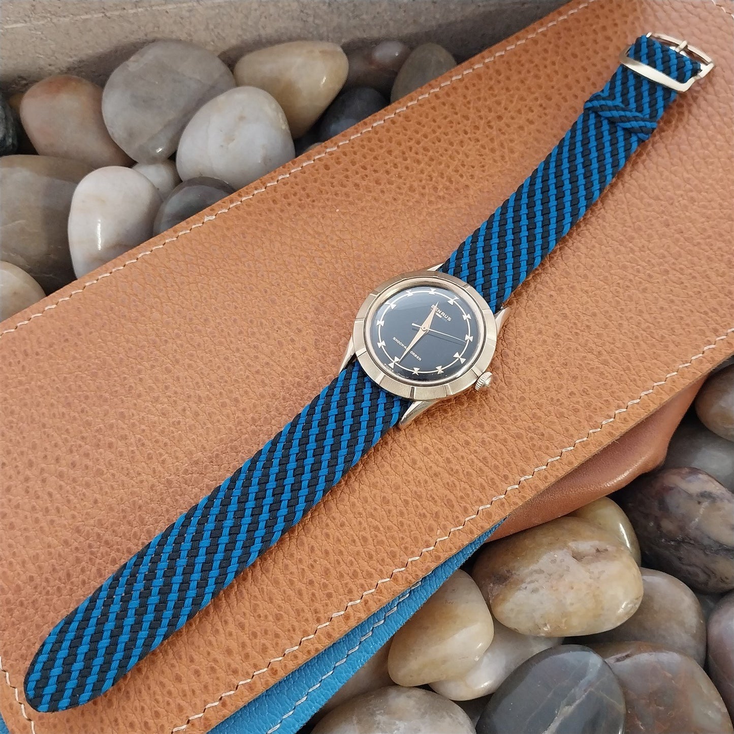 Vintage Braided Perlon 11/16" Black & Blue Single Pass Unused 1960s Watch Strap