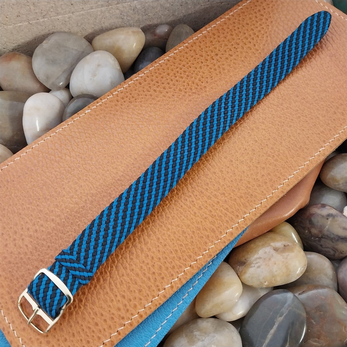 Vintage Braided Perlon 11/16" Black & Blue Single Pass Unused 1960s Watch Strap