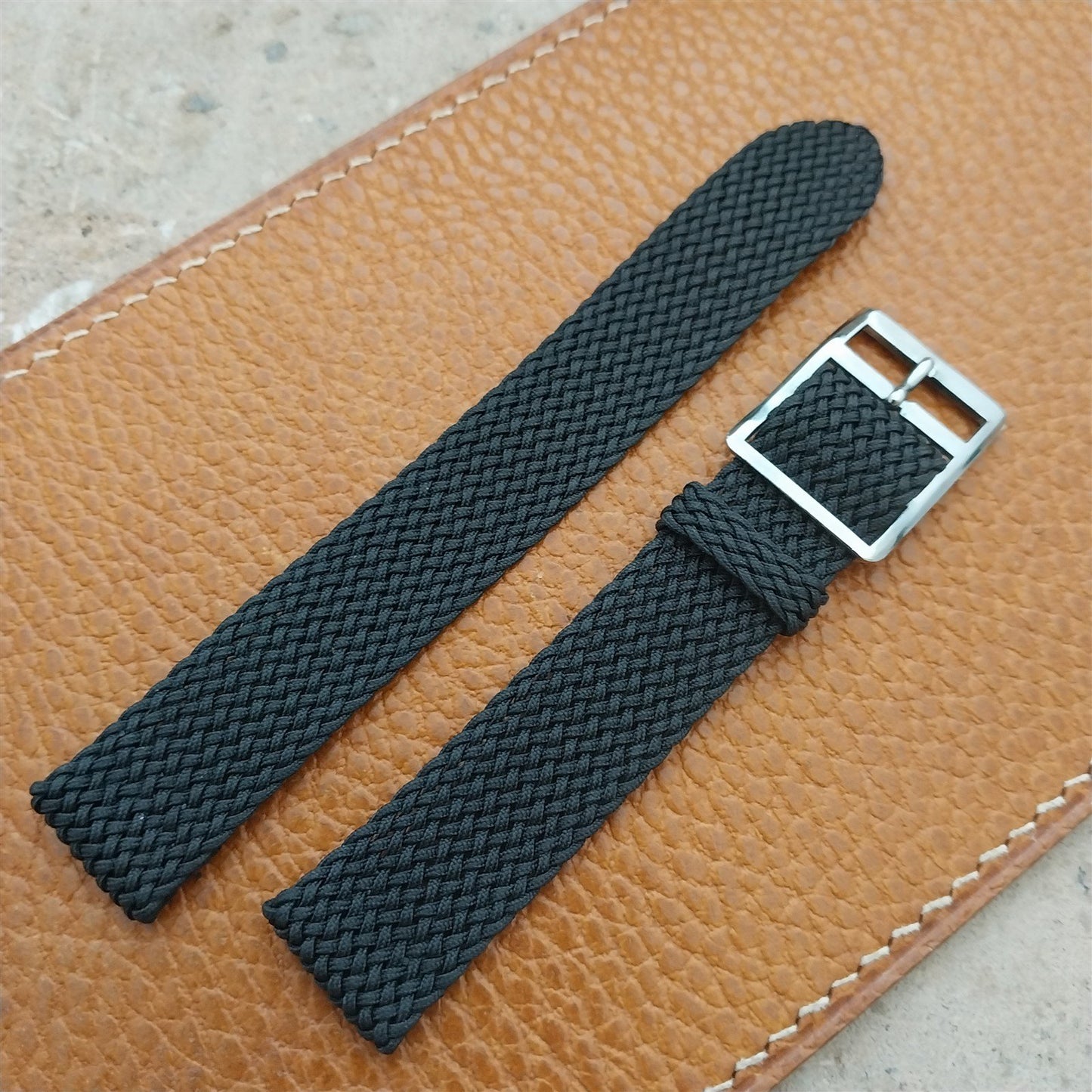 16mm Braided Black Perlon Swiss 2-Piece Unused 1960s Vintage Field Watch Strap