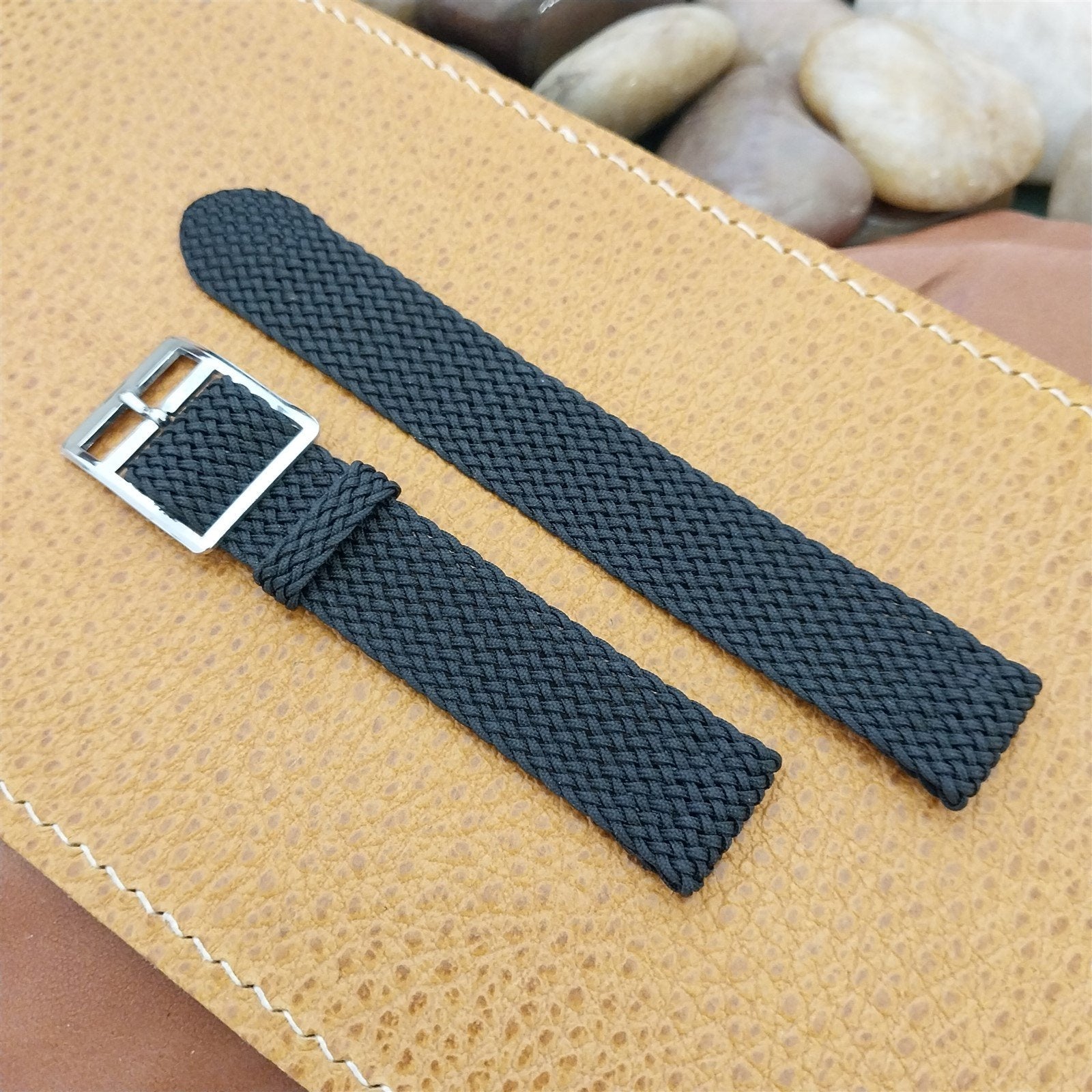 16mm Braided Black Perlon Graf Swiss 2-Piece Unused nos 1960s Vintage Watch Band