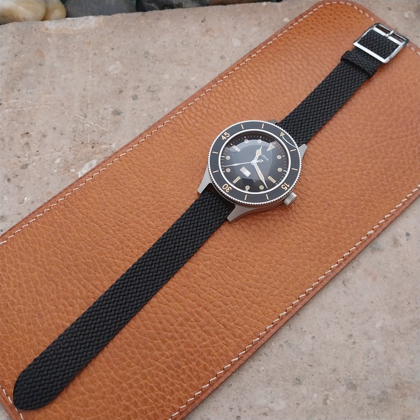 16mm Braided Black Perlon Swiss 2-Piece Unused 1960s Vintage Field Watch Strap