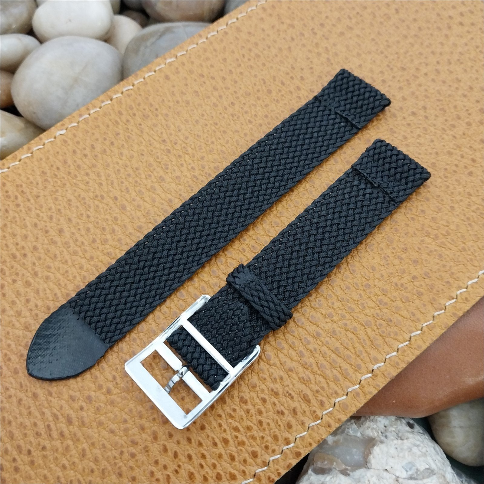16mm Braided Black Perlon Graf Swiss 2-Piece Unused nos 1960s Vintage Watch Band