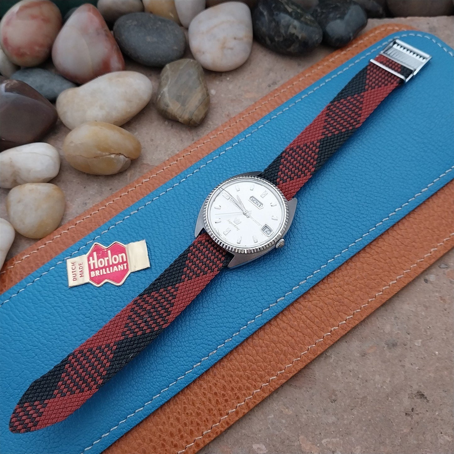 Perlon 18mm 1970s Vintage Red & Black Argyle NOS Classic Single Pass Watch Strap