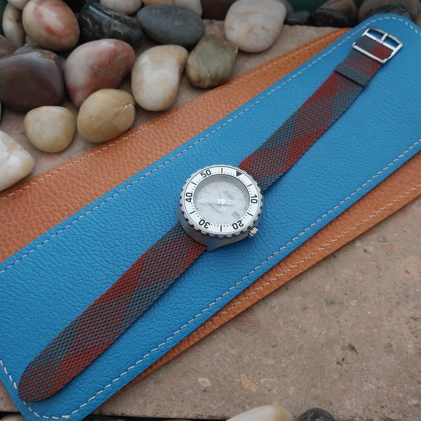 Vintage Perlon 18mm Red & Green Argyle Classic Single Pass Unused 60s Watch Strap