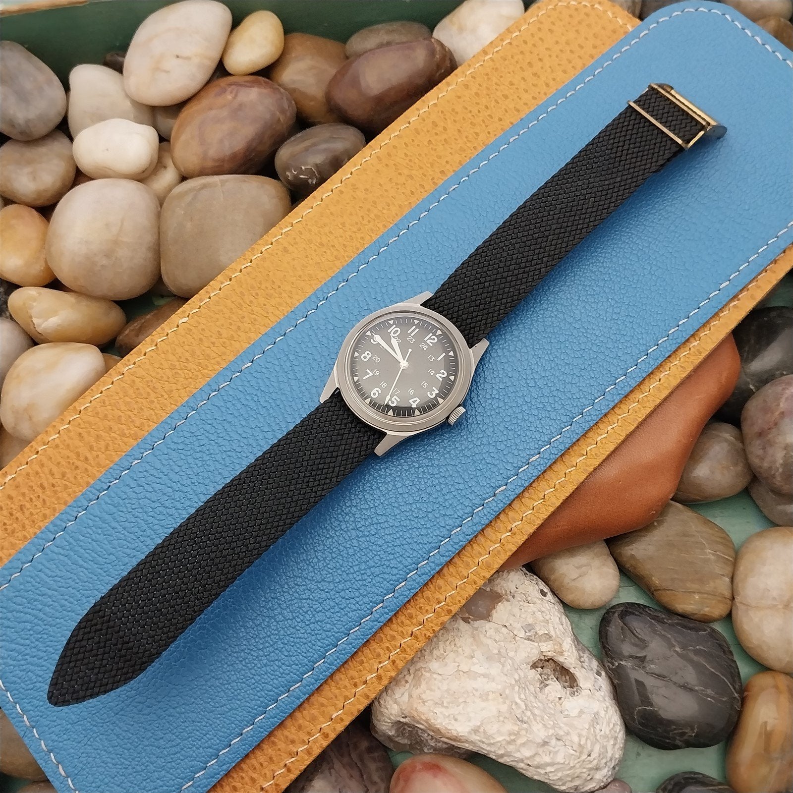 Braided Perlon 18mm Black 1960s Vintage Watch Band & Locking Roller Buckle