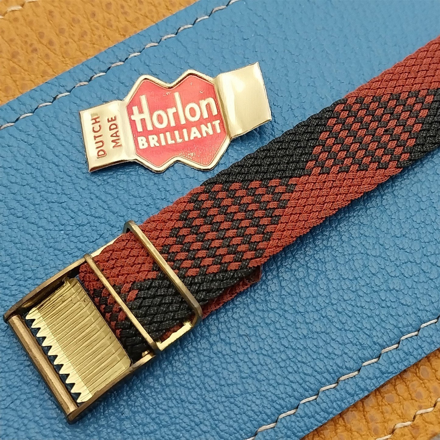 Braided Perlon 11/16" Unused 1960s Vintage Watch Band Black & Red Argyle 1-Piece