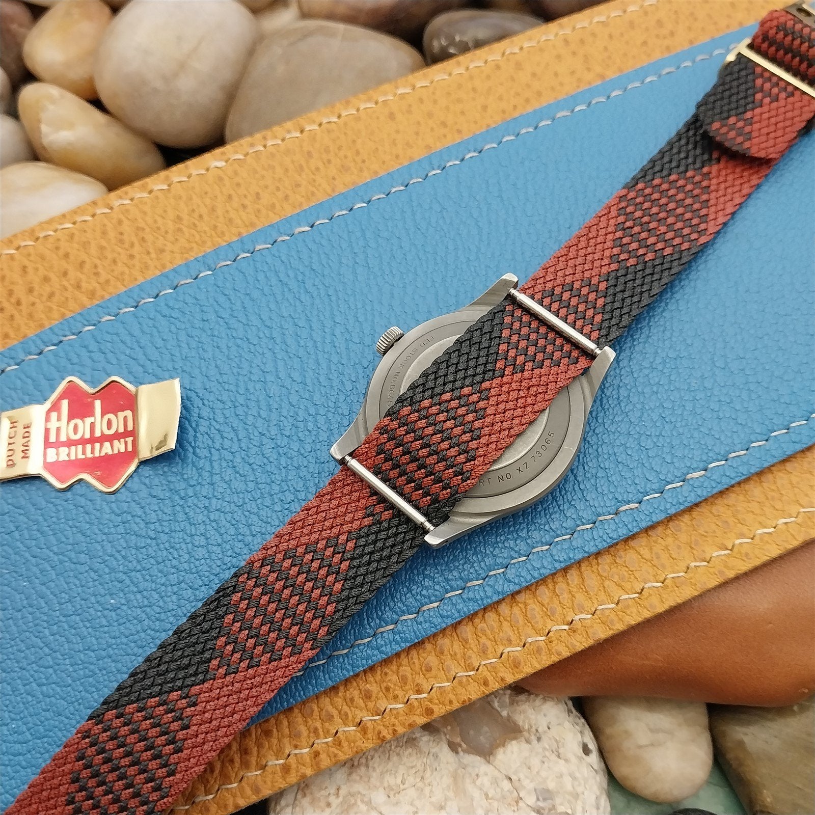 Braided Perlon 11/16" Unused 1960s Vintage Watch Band Black & Red Argyle 1-Piece
