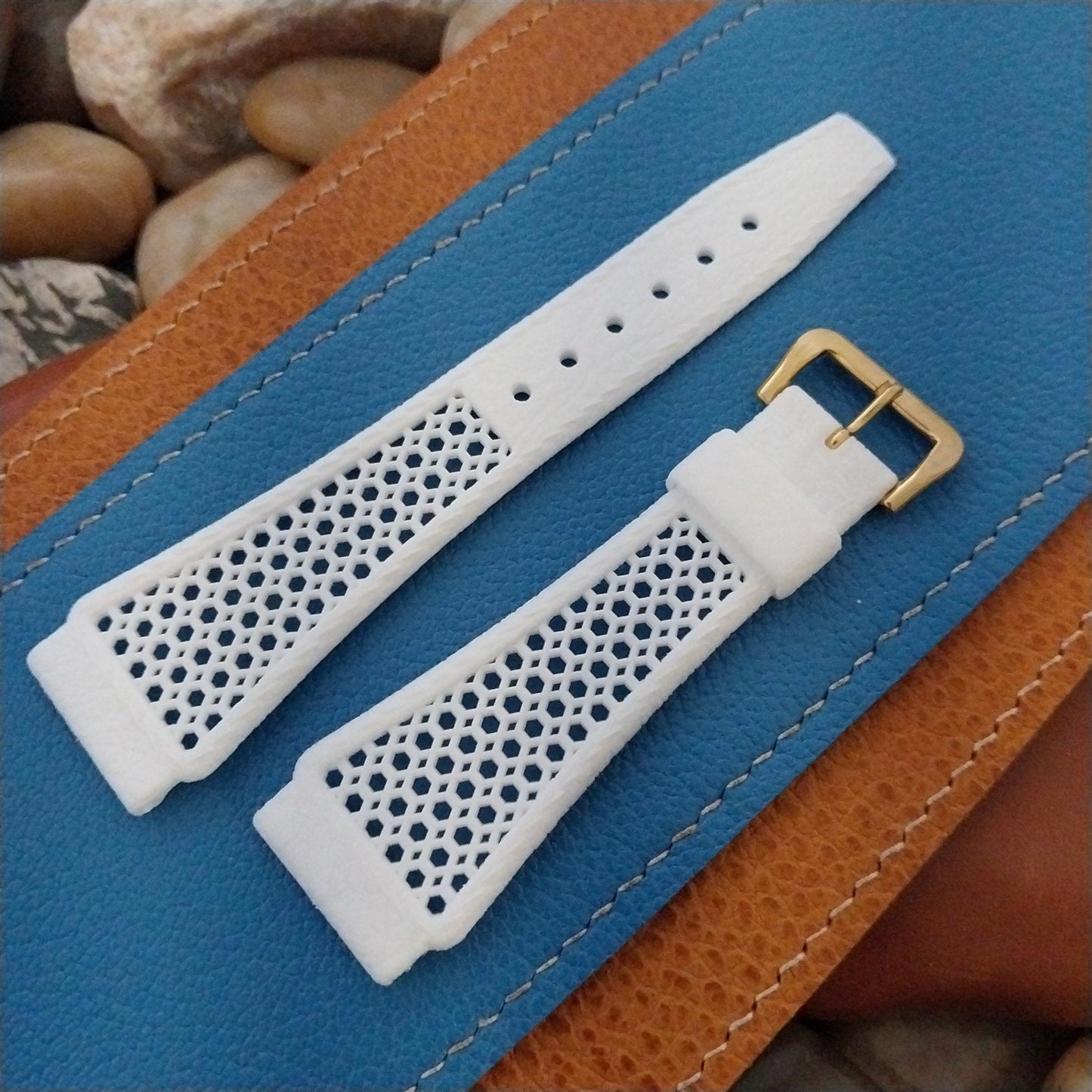 22mm Skindiver Rally White & Brass Golay Playa Swiss nos 1970s Watch Band