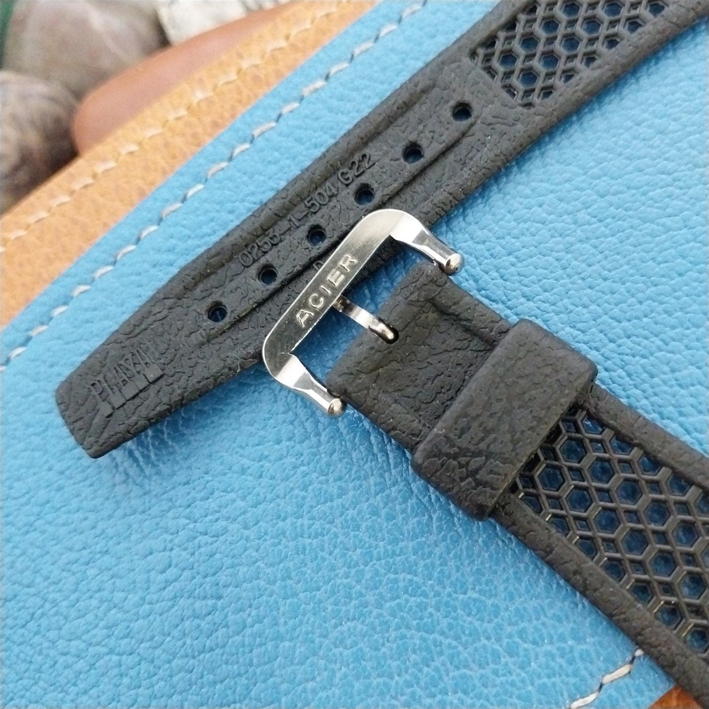 1970s 22mm Black Playa & ACIER Tropical Buckle Swiss Unused Vintage Watch Band