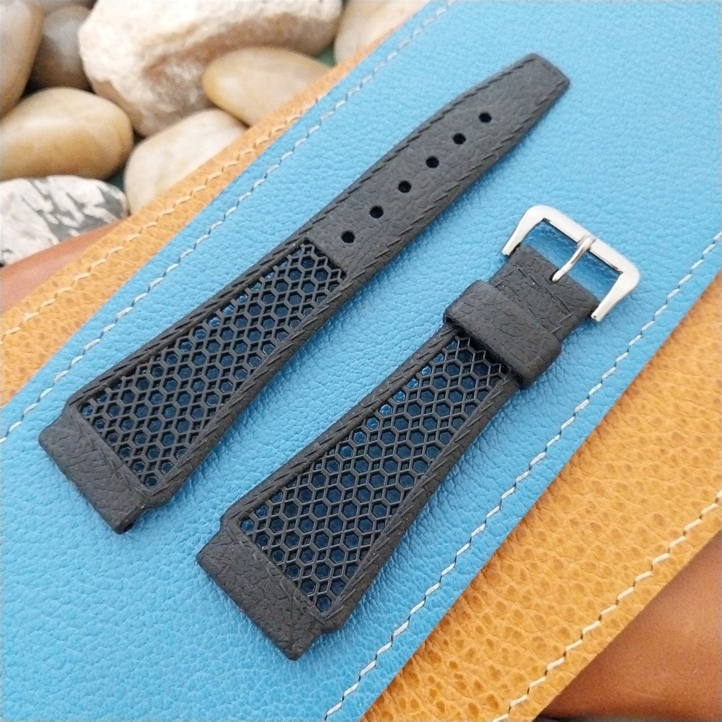 1970s 22mm Black Playa & ACIER Tropical Buckle Swiss Unused Vintage Watch Band