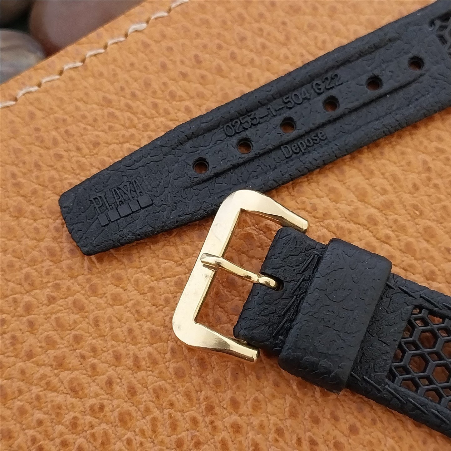 22mm Black Skindiver & Brass Buckle Swiss Unused 1960s-1970s Vintage Watch Band