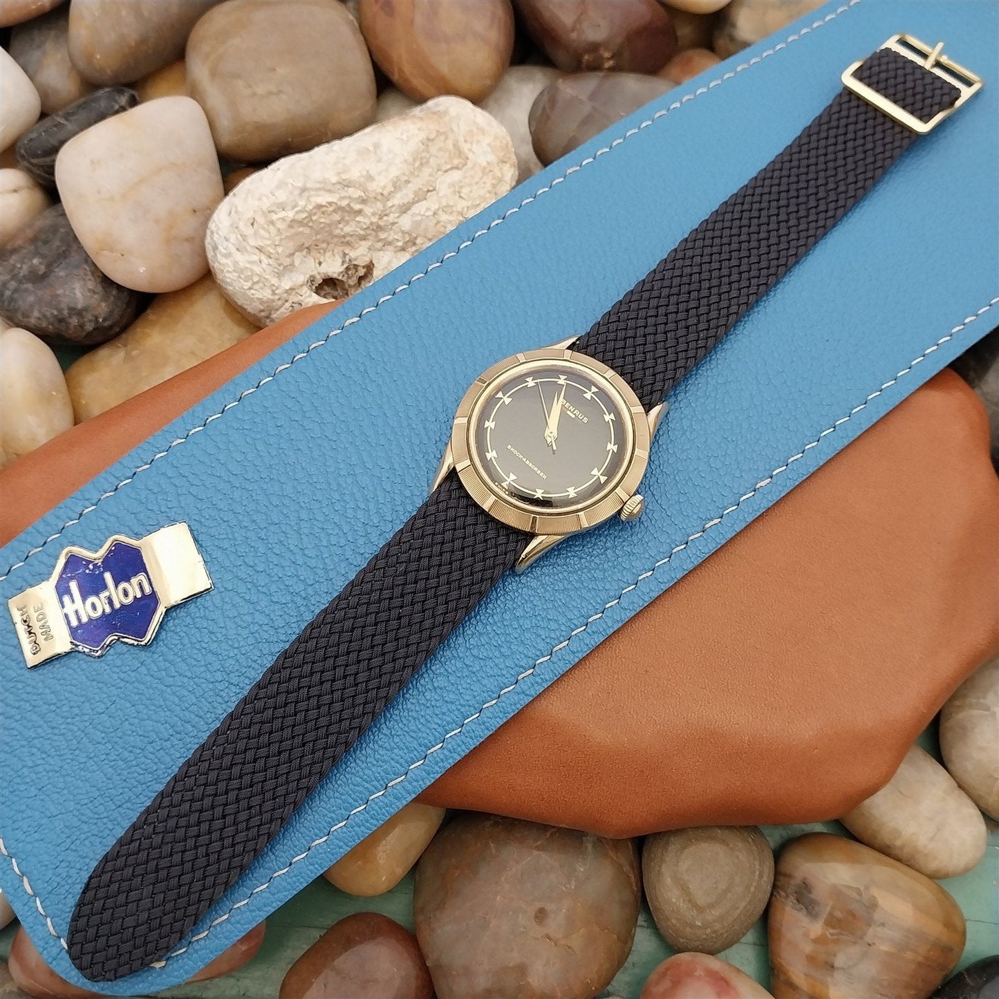 18mm Braided Perlon 1960s 1970s Vintage Watch Band Dark Blue Gold-Tone Buckle