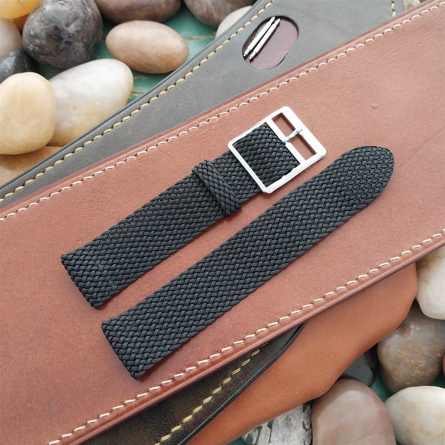 Vintage 18mm Braided Perlon Two-Piece Black Classic nos 1960s Unused Watch Band