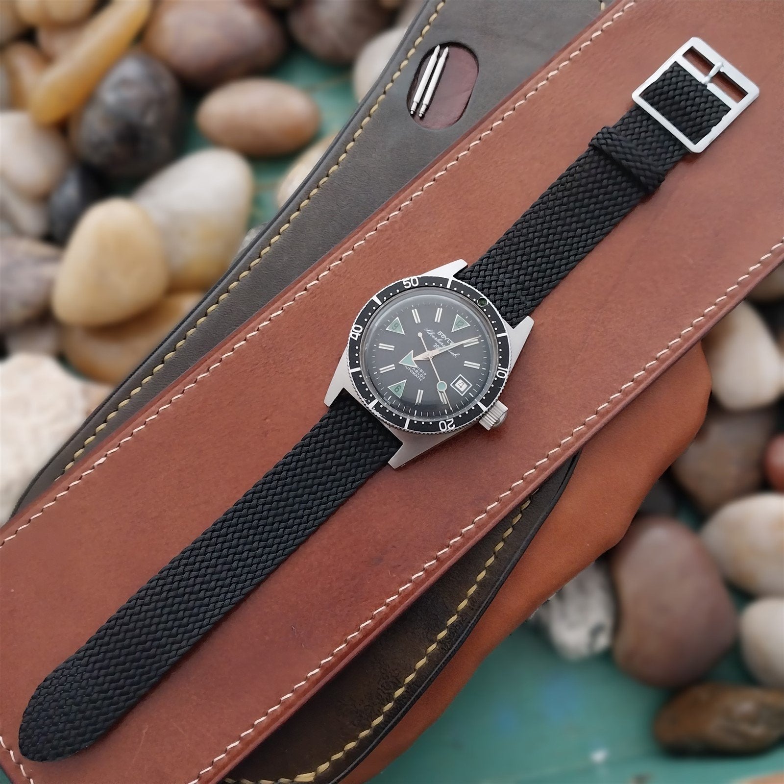 Vintage 18mm Braided Perlon Two-Piece Black Classic nos 1960s Unused Watch Band