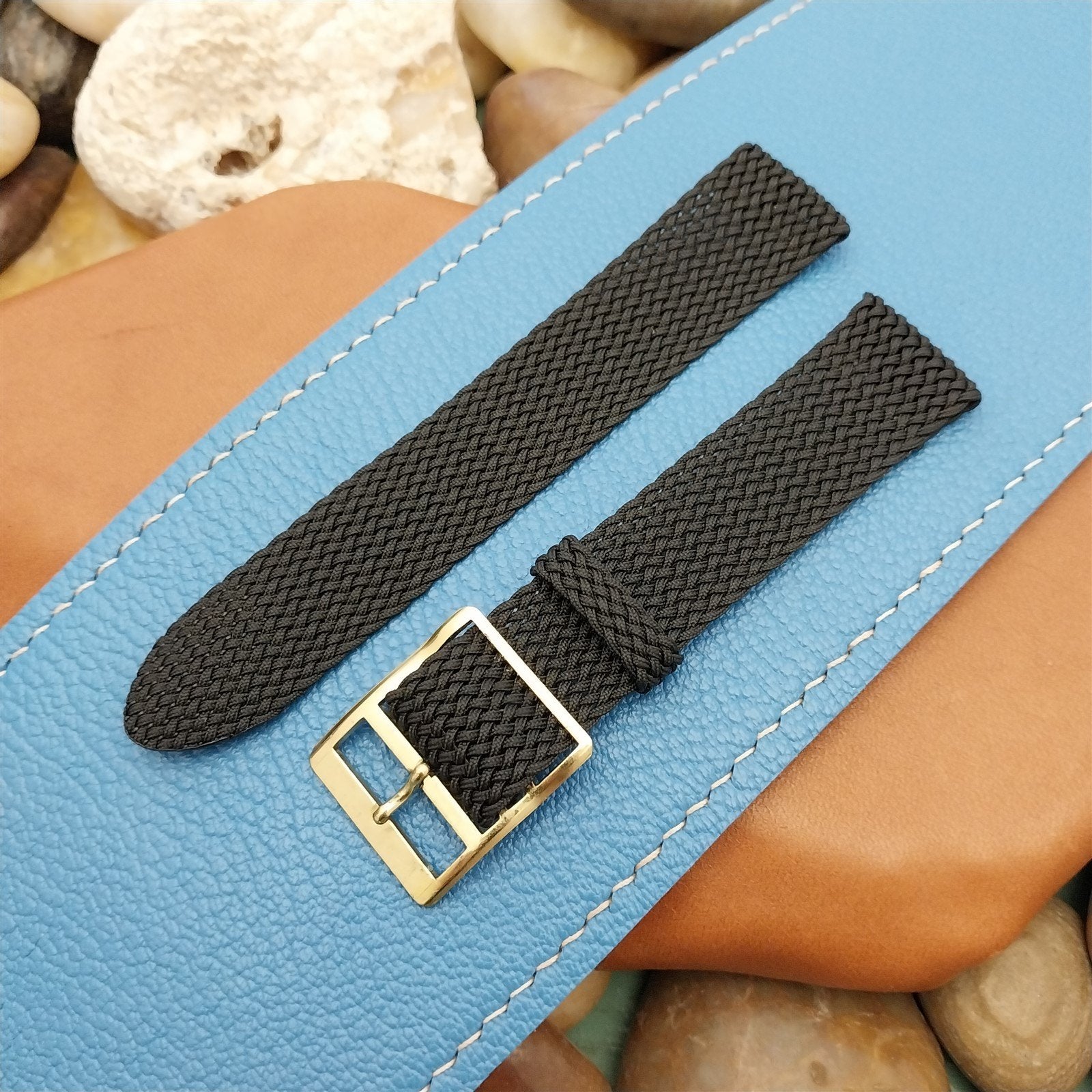 Vintage 18mm Braided Perlon 2Piece Black w/Yellow Buckle Unused 1960s Watch Band
