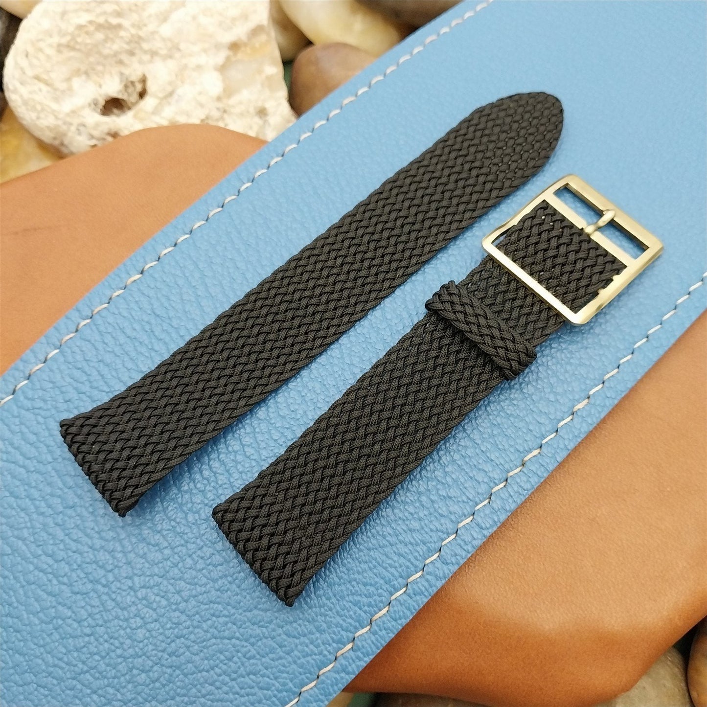 Vintage 18mm Braided Perlon 2Piece Black w/Yellow Buckle Unused 1960s Watch Band