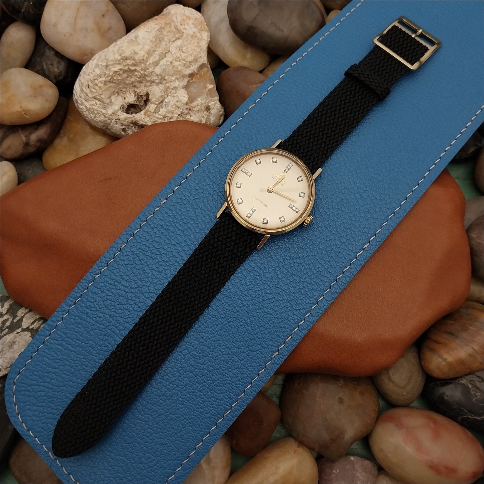 Vintage 18mm Braided Perlon 2Piece Black w/Yellow Buckle Unused 1960s Watch Band