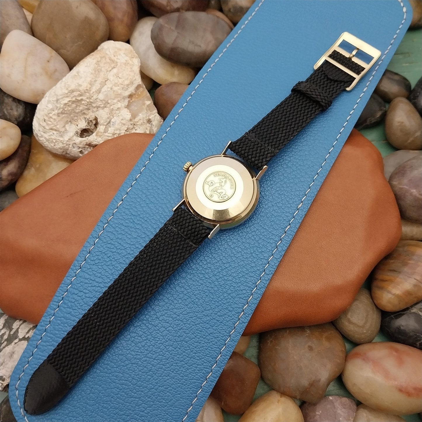 Vintage 18mm Braided Perlon 2Piece Black w/Yellow Buckle Unused 1960s Watch Band