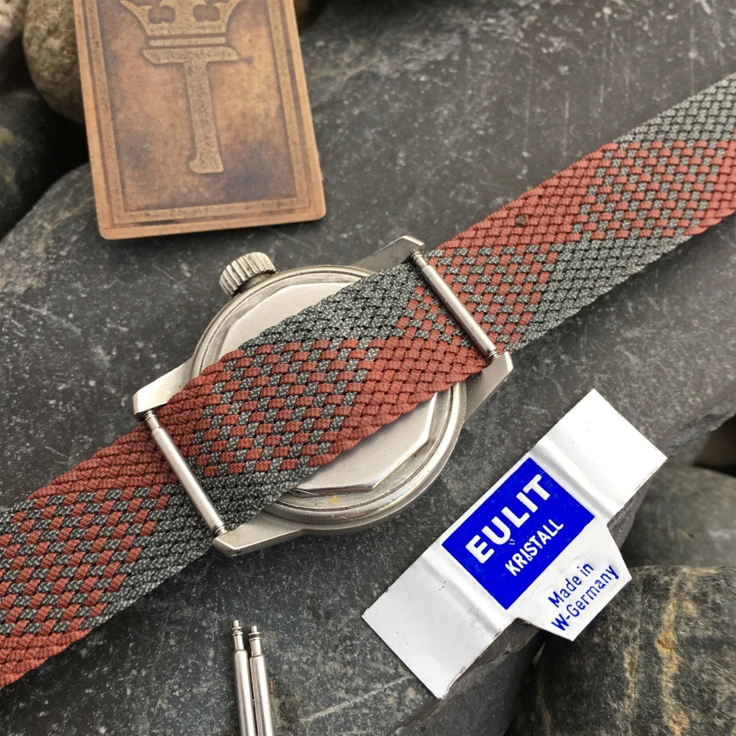 Perlon 16mm NOS 1960s Red & Gray Argyle Mesh Vintage Watch Band NOS