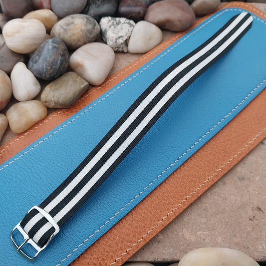 Vintage 18mm Perlon One-Piece Black & White Racing Stripe nos 1960s Watch Band