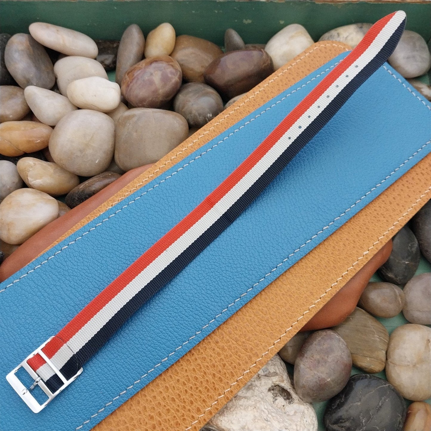 18mm 1960s Red White & Blue Striped Perlon Vintage Watch Band 1 Piece Classic Strap