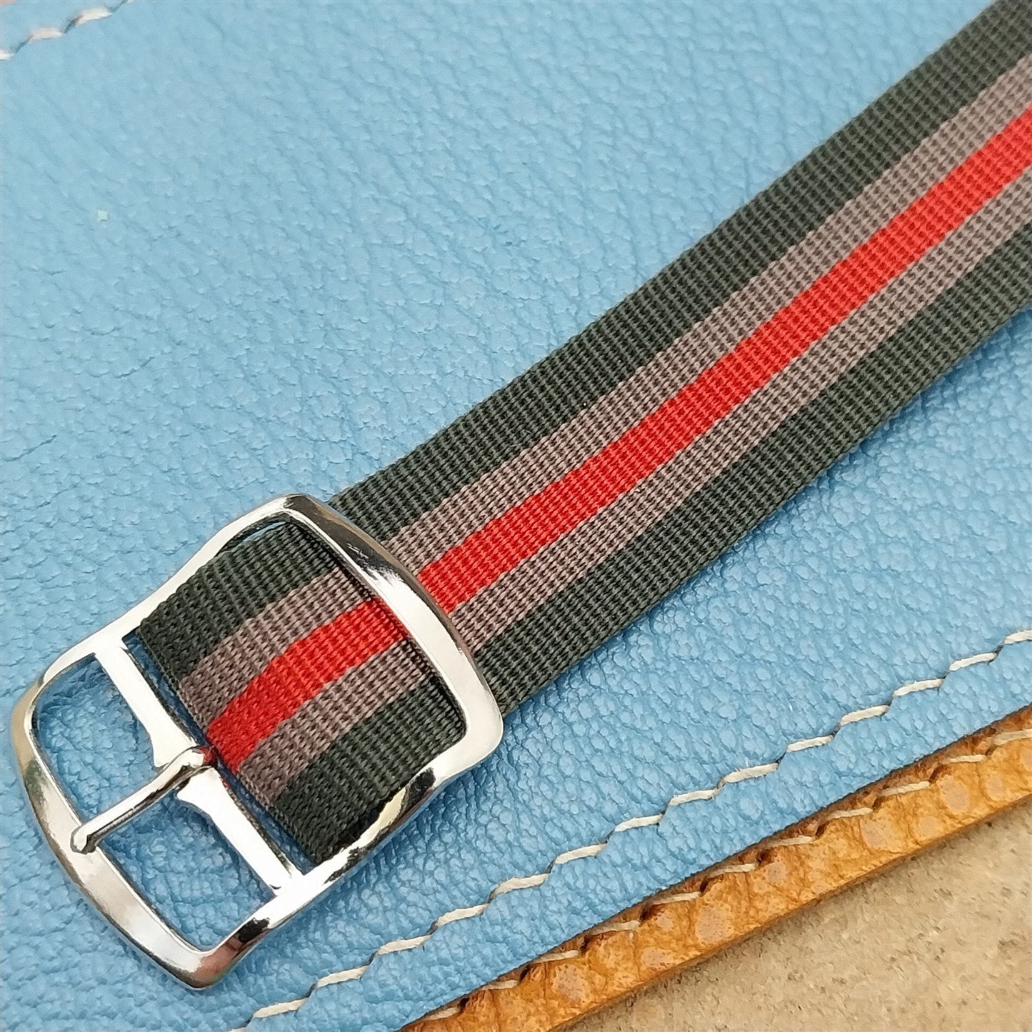 Vintage 18mm Perlon Red Black Gray Striped Unused Single Pass 1960s Watch Band