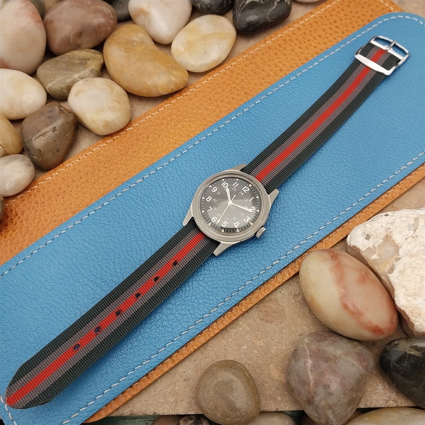 Vintage 18mm Perlon Red Black Gray Striped Unused Single Pass 1960s Watch Band