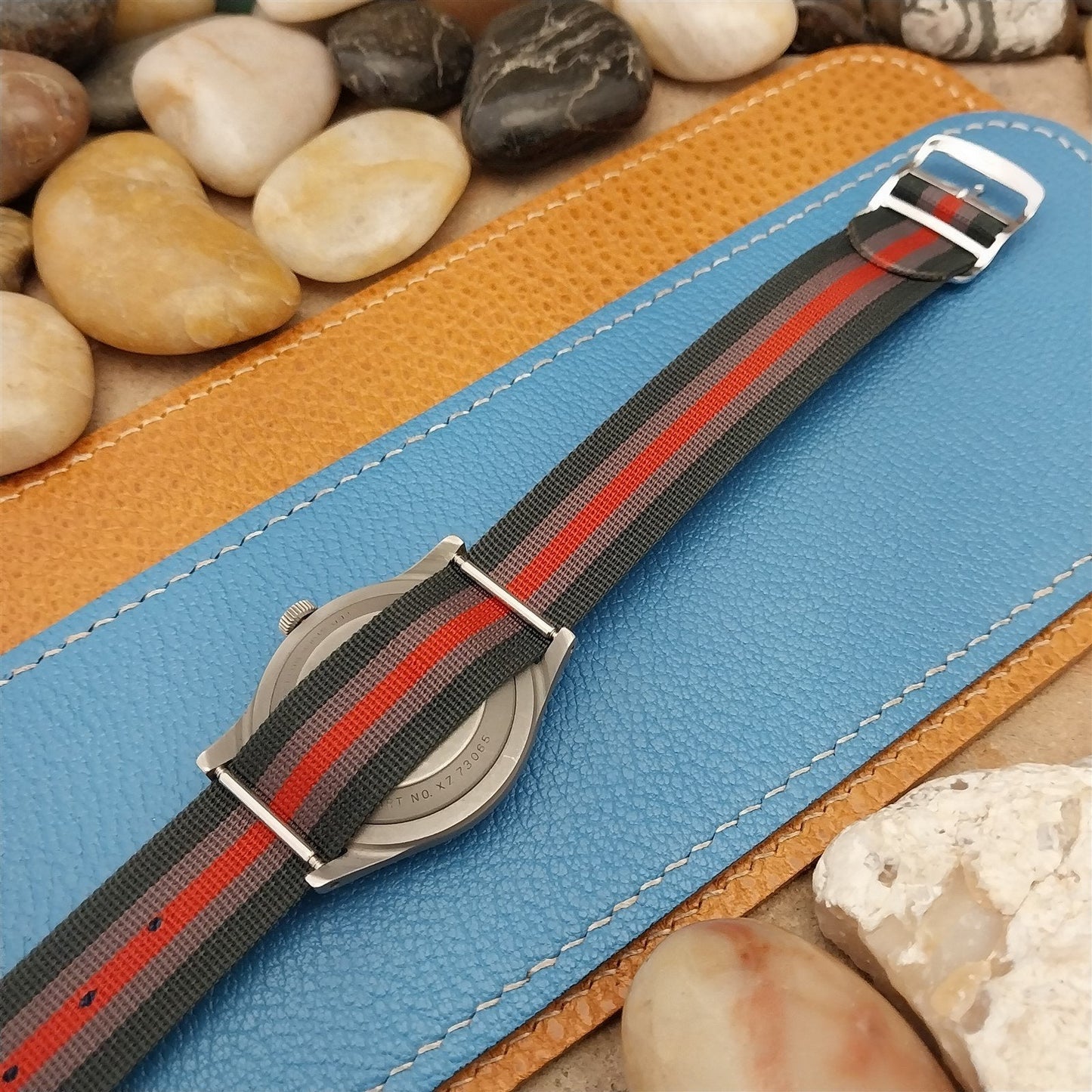 Vintage 18mm Perlon Red Black Gray Striped Unused Single Pass 1960s Watch Band