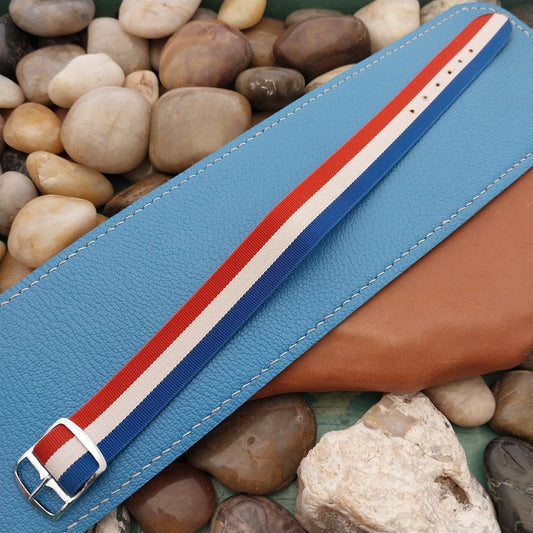 18mm Perlon Reversible Red White Blue Stripe nos 1960s Unused Vintage Watch Band