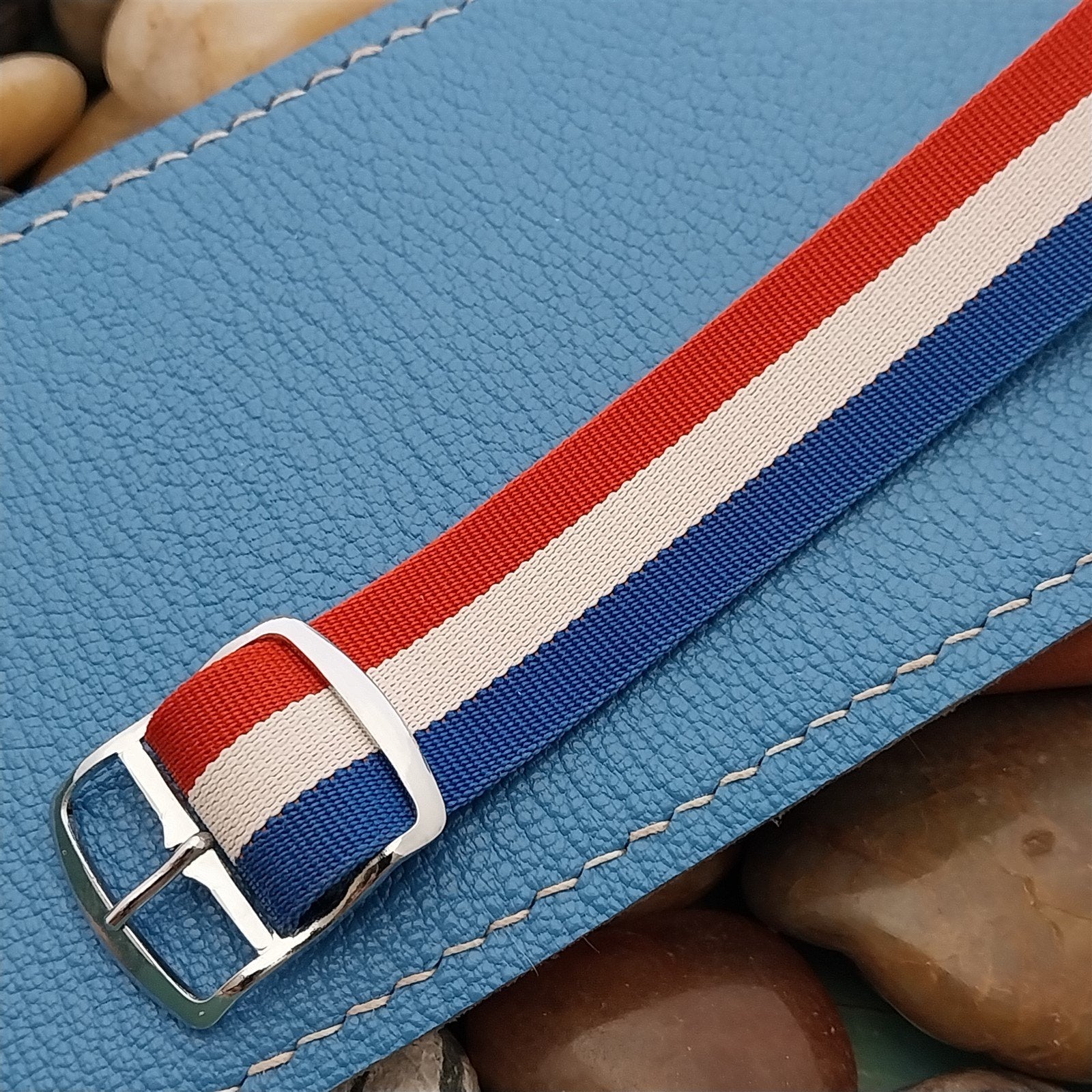 18mm Perlon Reversible Red White Blue Stripe nos 1960s Unused Vintage Watch Band